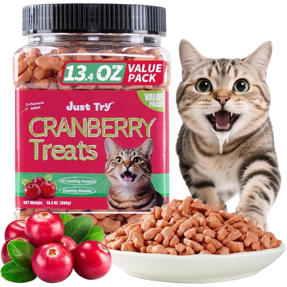 Just Try 13.4 OZ Urinary Tract Health Cat Treats for Indoor Cats, Health Supplement Cranberry & D-Mannose for Kidney Bladder and UT Support, Crunchy Chews Cat Loves