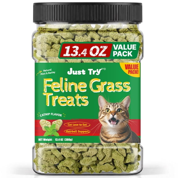 Just Try Cat Grass Treats, Natural Salmon Flavor, Healthy Cat Training Biscuits, Catnip, for Dental and Hairball Control 13.4 oz