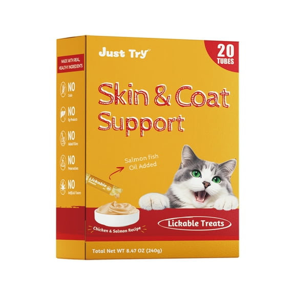 Just Try Salmon Fish Oil Lickbale Treats, Health Cat Treats for Skin and Coat Support , Interacting with petscat snacks, 0.4oz，20 Count（Chicken, Salmon & Salmon Fish Oil Flavor）