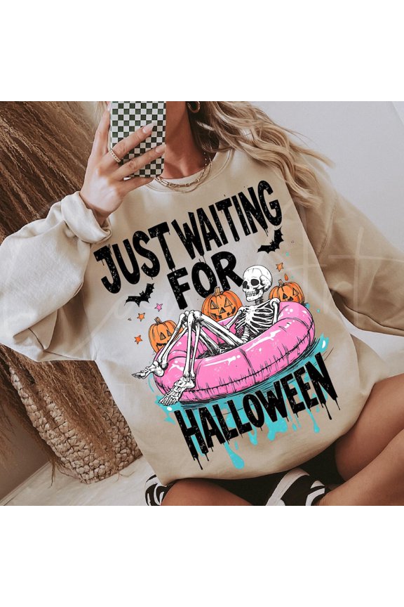 Just Waiting For Halloween Sweatshirt, Funny Summer Skeleton Crewneck, Cute Spooky Beach Halloween Pullover