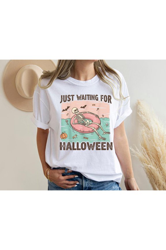 Just Waiting Summer Vibes Spooky Skeleton Beach Skelly T-Shirt All Size S-3XL