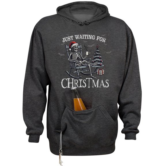 Just Waiting for Christmas Beer Holder Tailgate Hoodie Sweatshirt Unisex Large Charcoal Heather