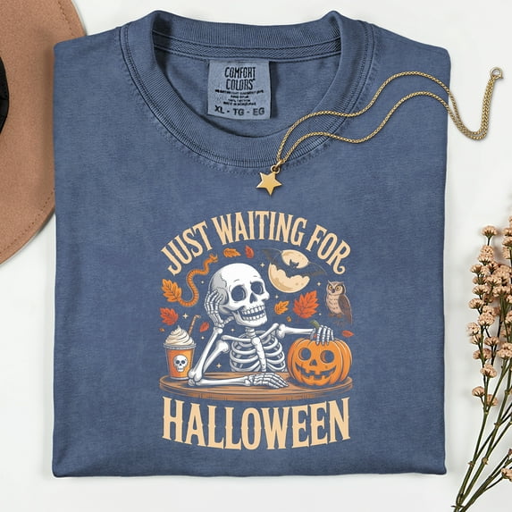 Just Waiting for Halloween Comfort Colors® Shirt, Funny Skeleton Pumpkin Shirt, Spooky Fall Graphic Shirt, Retro Halloween Womens Shirt