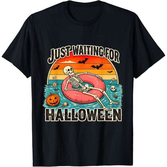 Just Waiting for Halloween Fun Skeleton Retro Spooky Season T-Shirt