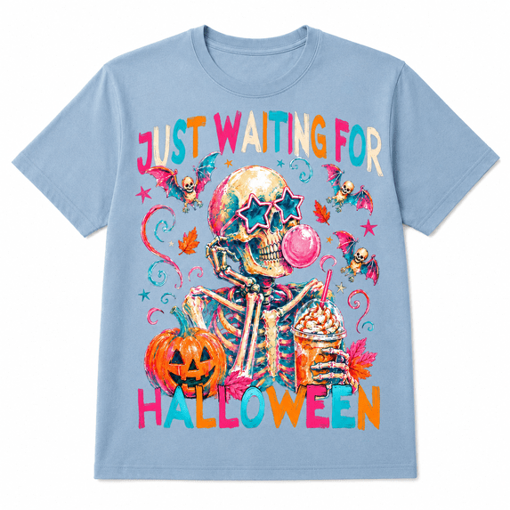 Just Waiting for Halloween Graphic T-Shirt, Skeleton Pumpkin Coffee Design Tee, Colorful Spooky Season Shirt