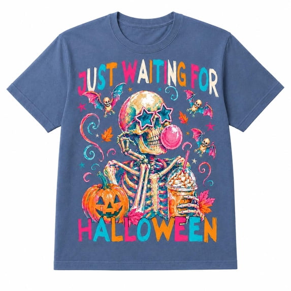 Just Waiting for Halloween Graphic T-Shirt, Skeleton Pumpkin Coffee Design Tee, Colorful Spooky Season Shirt