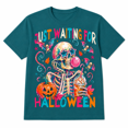 thumbnail image 1 of Just Waiting for Halloween Graphic T-Shirt, Skeleton Pumpkin Coffee Design Tee, Colorful Spooky Season Shirt, 1 of 3