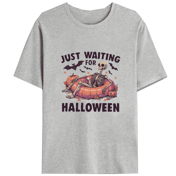 Just Waiting for Halloween Print TShirts Funny Spooky Skeleton Summer Graphic Tees Short Sleeve Casual Fall Tops Beach Cotton Shirts Gray,L