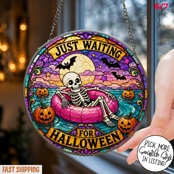 Just Waiting for Halloween Printed Stained Glass Style Suncatcher, Skeleton Pool Float Window Hanging, Summerween Decor
