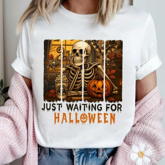 Just Waiting for Halloween Shirt, Funny Coffee Tee, Vintage Skull Pumpkin T-Shirt, Spooky Fall Halloween Graphic Shirt