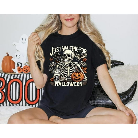 Just Waiting for Halloween Shirt – Funny Skeleton Pumpkin Graphic Tee, Retro Spooky Fall T-Shirt for Women
