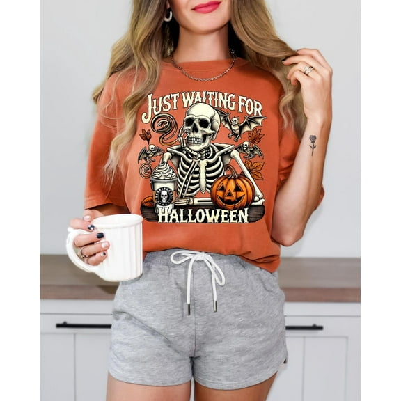 Just Waiting for Halloween Shirt, Funny Skeleton Pumpkin Shirt, Spooky Fall Graphic Shirt, Retro Halloween T-Shirt for Her