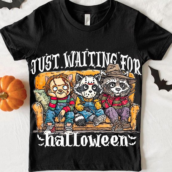 Just Waiting for Halloween Shirt, Halloween Raccoon Clipart Shirt, Halloween Raccoon Sublimation Shirt, Raccoon Goose Halloween Shirt