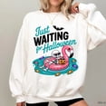 thumbnail image 1 of Just Waiting for Halloween Skeleton Sweatshirt – Funny Flamingo Pool Float Halloween Pullover, 1 of 6