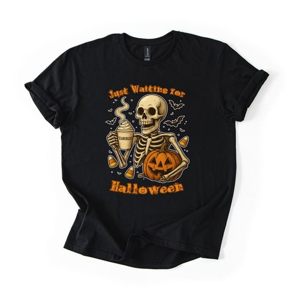 Just Waiting for Halloween Sweatshirt, Funny Skeleton Pumpkin Shirt, Spooky Fall Graphic Shirt,Retro Halloween T-Shirt for Her Spooky Season