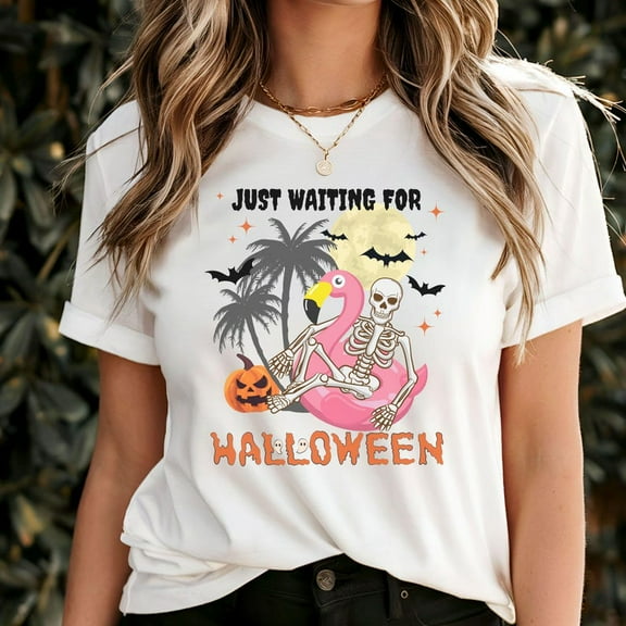 Just Waiting for Halloween T-shirt, Funny Skeleton Shirt, Spooky Summer Tee, Skeleton Flamingo Floaty, Summerween Goth Shirt