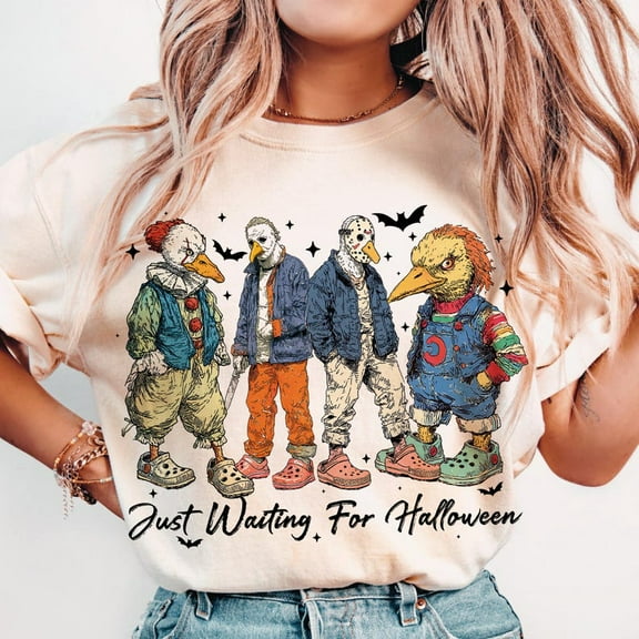 Just Waiting for Halloween T-shirt, Silly Goose Halloween Tee, Funny Goose Design, Horror Halloween Shirt