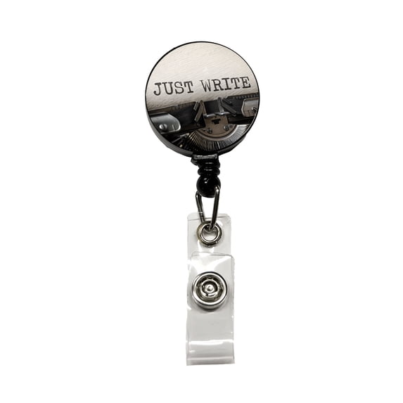 Just Write Retro Typewriter Inspirational Retractable Reel ID Badge Key Card Name Tag Holder with Clip