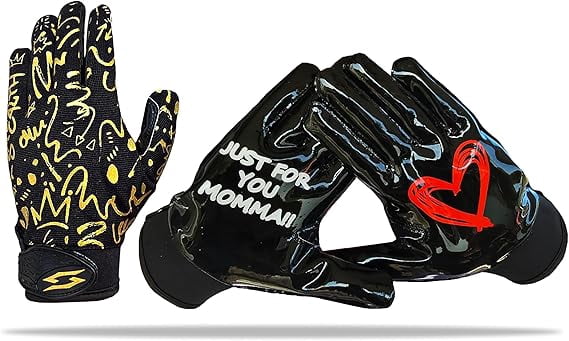 Just for You Momma Football Receiver Gloves - Black White Battle College Lineman Football Gloves Adult Youth Men’s Small to XXL Sizes Money (Black-Gold, Youth - XL)