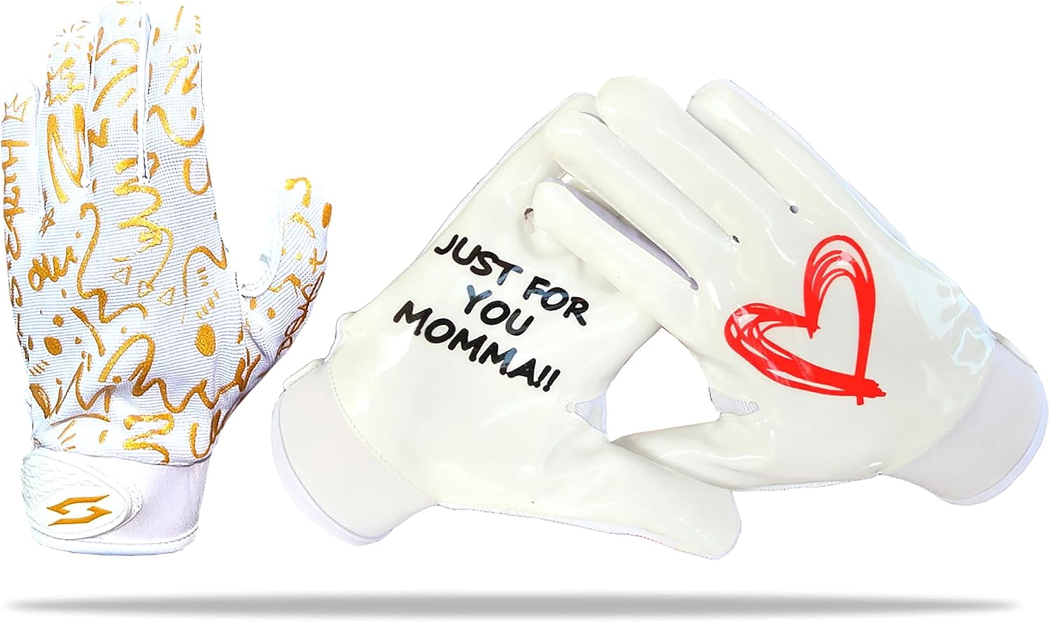 Just for You Momma Football Receiver Gloves - Black White Battle College Lineman Football Gloves Adult Youth Men’s Small to XXL Sizes Money (White-Gold, Youth - Large)