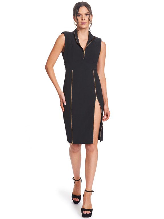 Just Zip It Dress - Women's Sleeveless midi dress with exposed functional gold zippers
