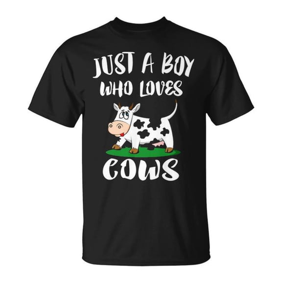 Just a Boy Who Loves Cows Graphic Tee Unisex Adult Cotton Casual Farm Animal Lover T-Shirt for Kids and Country Life Enthusiasts, Size L, Color Black