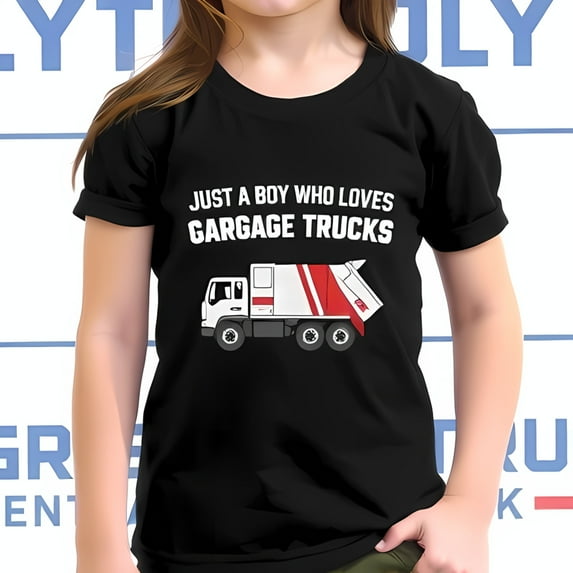Just a Boy Who Loves Garbage Trucks Cotton Short Sleeve T-Shirt - Fun Playful Design with Colorful Truck Illustration