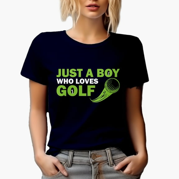 Just a Boy Who Loves Golf with a Ball, Young Golf Player, Golfing or Golfer Themed Merch Gift, Navy Blue T-Shirt, Large