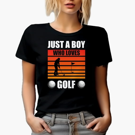 Just a Boy Who Loves Golf with a Golf Player, Golfing or Golfer Themed Merch Gift, Black T-Shirt, Small