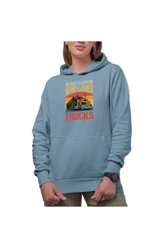 Just a Boy Who Loves Trucks, Lorry or Truck Driver, Truckie, Teamster Themed, Light Blue Hooded Sweatshirt or Hoodie, Small