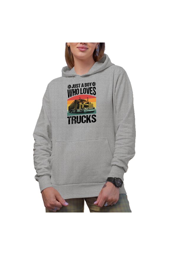 Just a Boy Who Loves Trucks, Truck or Lorry Driver, Truckie, Teamster Themed, Heather Grey Hooded Sweatshirt or Hoodie, 3XL