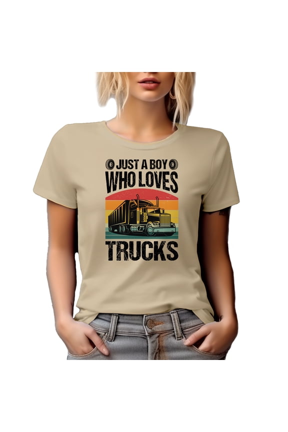 Just a Boy Who Loves Trucks, Truck or Lorry Driver, Truckie, Teamster Themed, Tan T-Shirt, XL