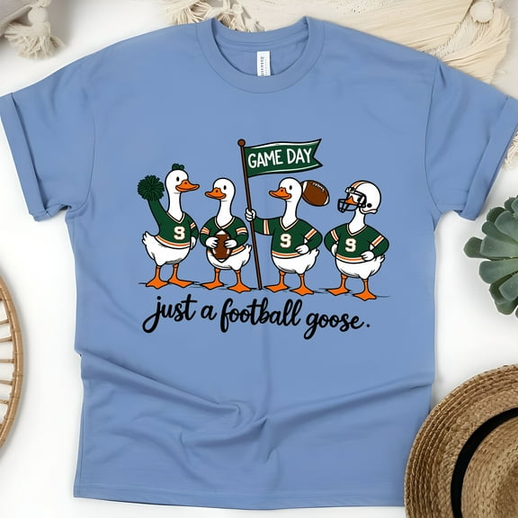 Just a Football Goose T-Shirt | Funny Game Day Graphic Tee, CarolinaBlue, Size L