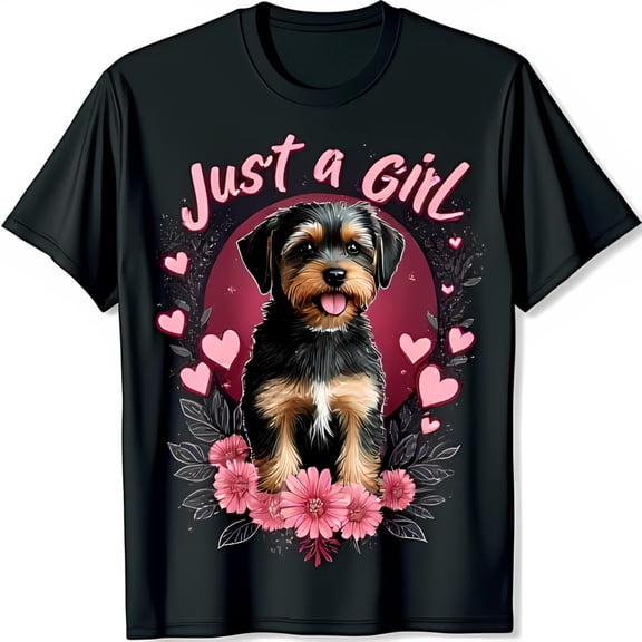Just a Girl Black T-Shirt with Cute Dog Graphic Among Pink Flowers