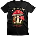 thumbnail image 1 of Just a Girl Black T-Shirt with Mushroom Graphic Psilocybe Agaricus Design, 1 of 5