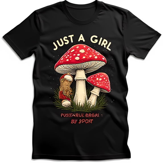 Just a Girl Black T-Shirt with Mushroom Graphic Psilocybe Agaricus Design
