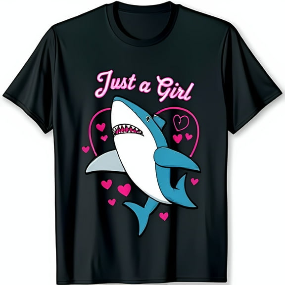 Just a Girl Cartoon Graphic Black T-Shirt with Heart Design