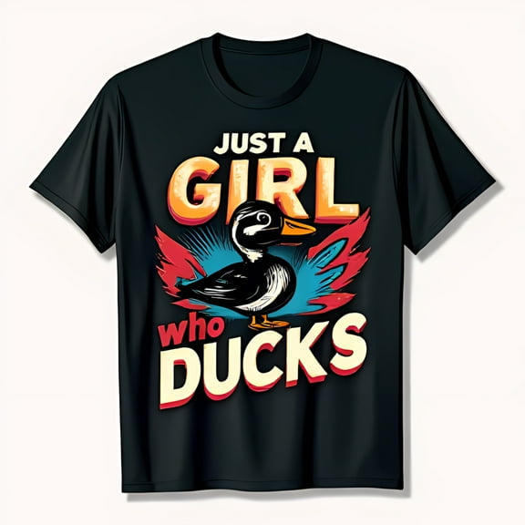 Just a Girl Who Ducks Black T-Shirt with Colorful Cartoon Graphic