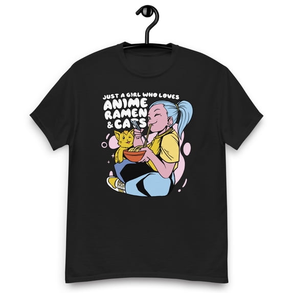Just a Girl Who Loves Anime Ramen and Cats Women Teen Girls Long Sleeve T-Shirt (Black, S)