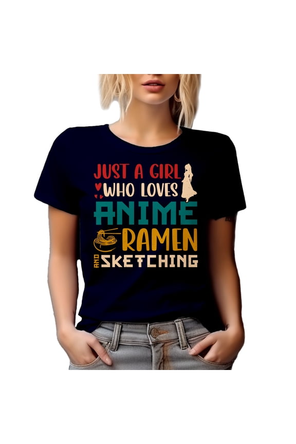 Just a Girl Who Loves Anime, Ramen and Sketching - Illustrator or Artist Quote, Navy Blue T-Shirt, Small