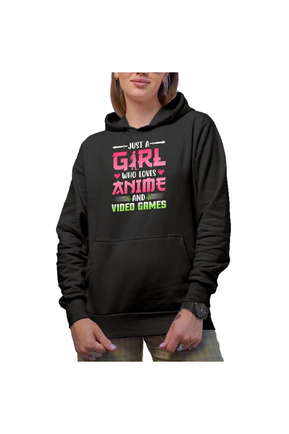 Just a Girl Who Loves Anime and Video Games, Gamer or Game Streamer Quote, Black Hooded Sweatshirt or Hoodie, Medium