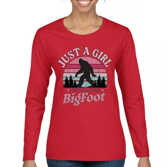 Just a Girl Who Loves Bigfoot Women's Long Sleeve T-shirt Sasquatch Fan Cryptid Cute Gift Vintage Sunset Wildlife Camping
