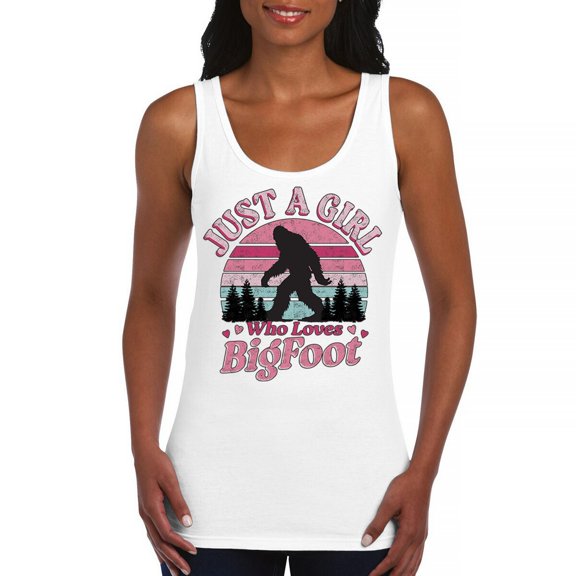 Just a Girl Who Loves Bigfoot Women's Tank Top Sasquatch Fan Cryptid Cute Gift Vintage Sunset Wildlife Camping