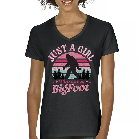 Just a Girl Who Loves Bigfoot Women's V-Neck T-shirt Sasquatch Fan Cryptid Cute Gift Vintage Sunset Wildlife Camping Tee