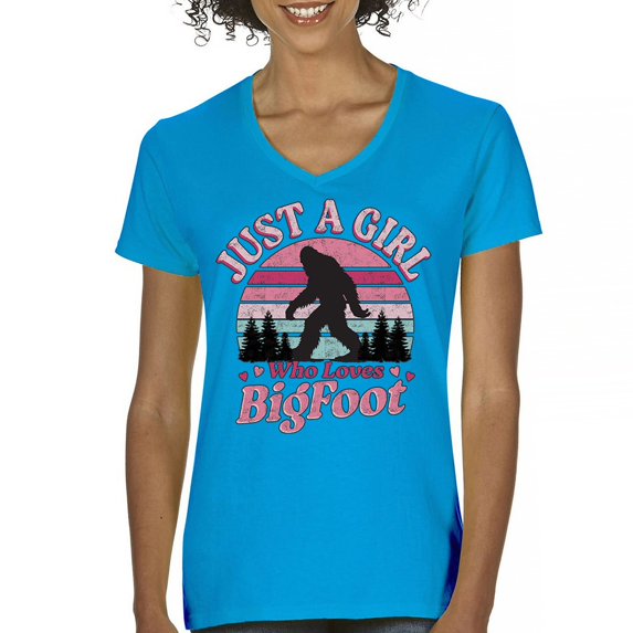 Just a Girl Who Loves Bigfoot Women's V-Neck T-shirt Sasquatch Fan Cryptid Cute Gift Vintage Sunset Wildlife Camping Tee