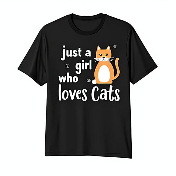 Just a Girl Who Loves Cats Black T-Shirt with Cute Cartoon Cat Graphic