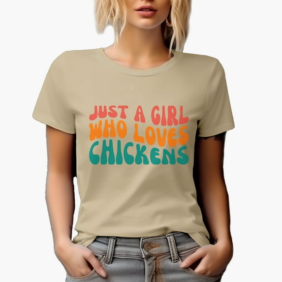 Just a Girl Who Loves Chickens, Chicken Lover Girls Quote, Groovy Retro Wavy Text Merch Gift, Tan T-Shirt, Medium