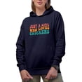 thumbnail image 1 of Just a Girl Who Loves Chickens, Chicken Lover Women Themed Quote, Groovy Retro Wavy Text Merch Gift, Navy Blue Hooded Sweatshirt or Hoodie, Large, 1 of 5
