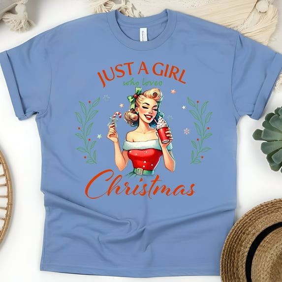 Just a Girl Who Loves Christmas T-Shirt | Retro Pin-Up Holiday Graphic Tee, CarolinaBlue, Size XL