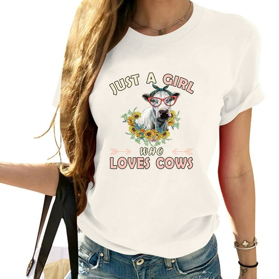 Just a Girl Who Loves Cows Graphic Women's Short Sleeve Shirt - Comfortable & Trendy Summer Top for Women Cow Lover Gifts